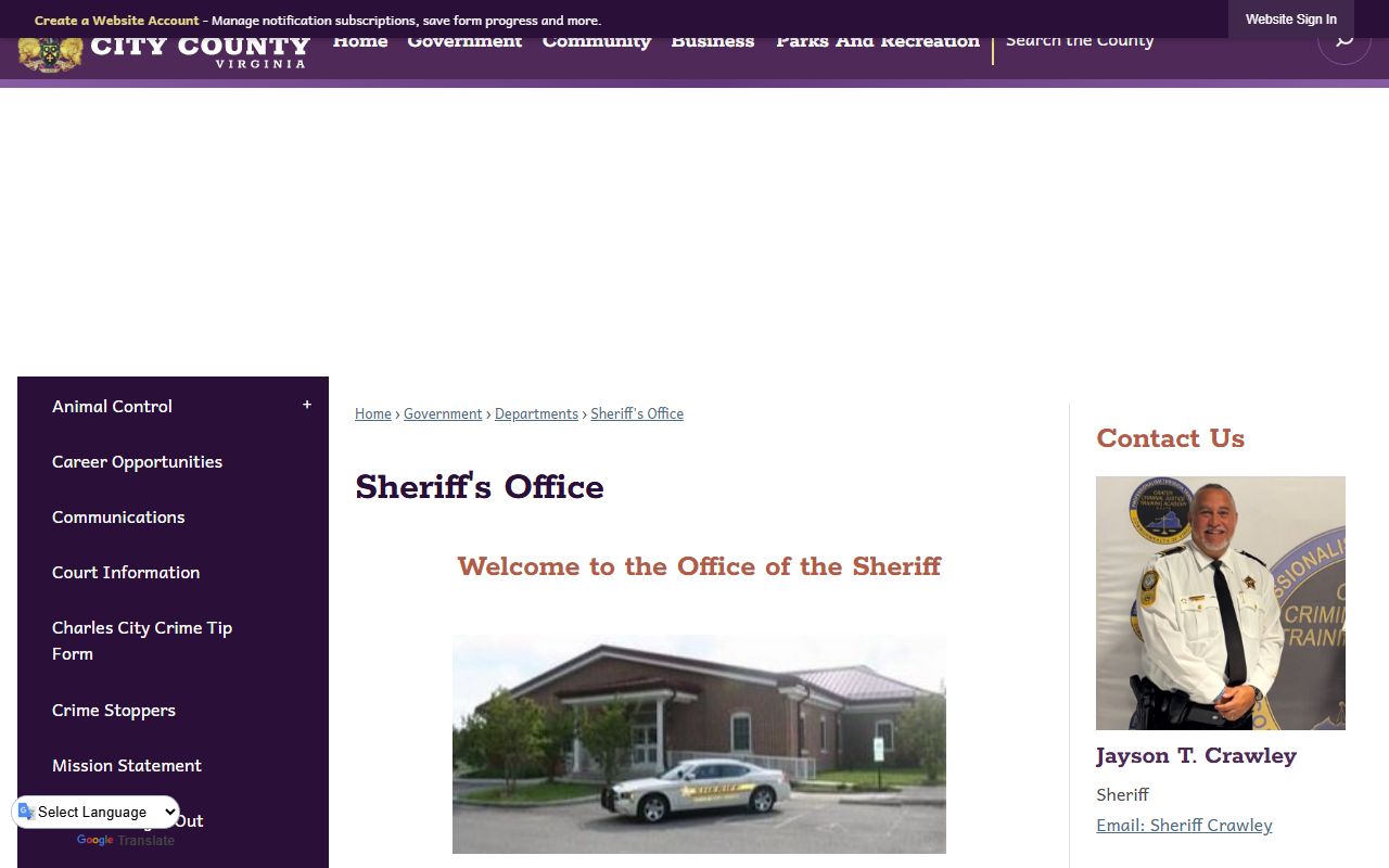 Charles City County inmate population sheriff page with Riverside Regional Jail link
