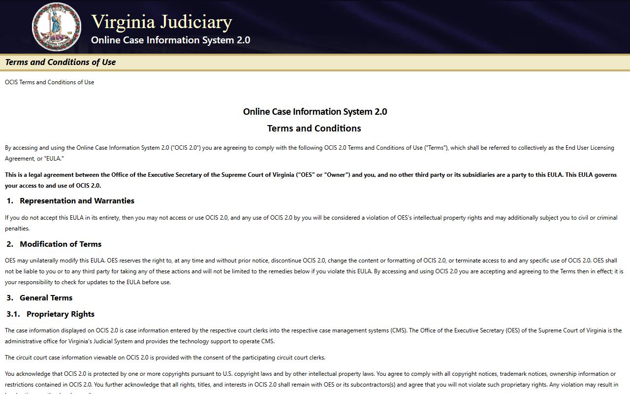 Virginia Online Case Information System landing page